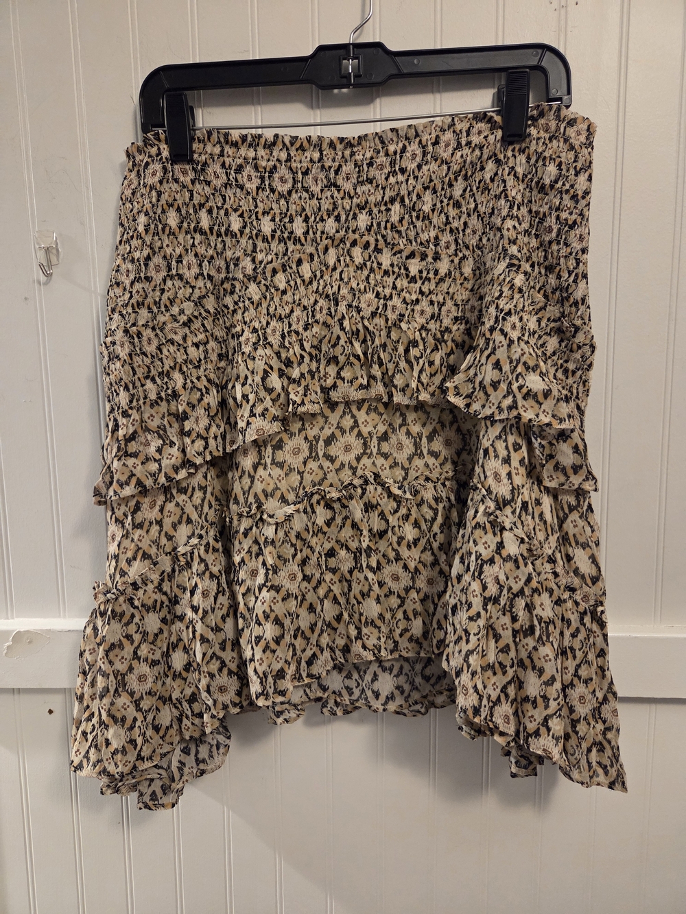 Anthropologie Beige and Black Floral High-Low Ruffle Skirt